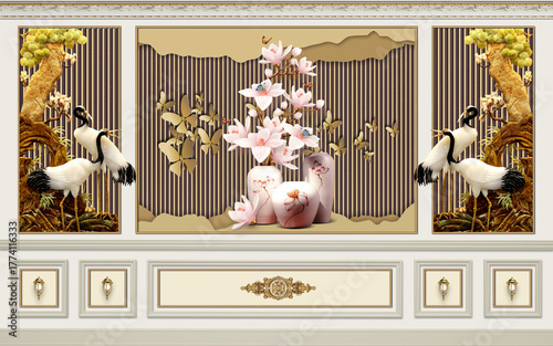 Elegant floral arrangement with cranes and butterflies on a decorative wall panel