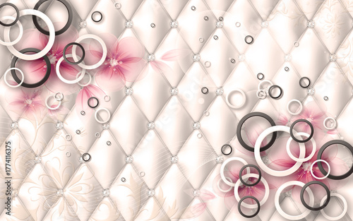 Elegant quilted background with scattered abstract circles and delicate floral accents