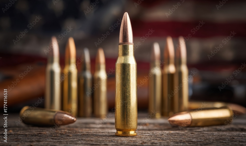 Naklejka premium A golden rifle bullet stands proudly on an aged wooden table, accompanied by an array of bullets in different sizes and shapes. The American flag softly drapes in the background