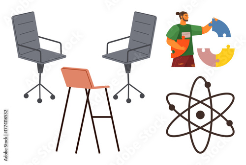 Rotating office chairs, a modern stool, puzzle pieces, and an atomic structure depict themes of teamwork, innovation, education, problem-solving, creativity, science and productivity in a simple