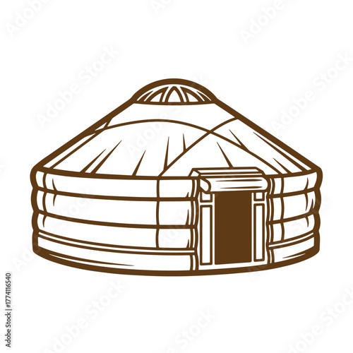 A vintage art illustration of a traditional mongolian yurt on a white background