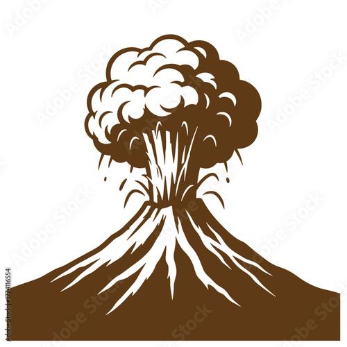 A vintage art illustration depicting a volcano erupting with smoke and fire in brown color