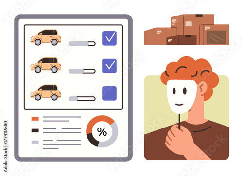 Checklist for car selection with progress bars and checks, stacked boxes near warehouses, person holding face mask. Ideal for shipping, logistics, car rental, decision-making, identity, statistics