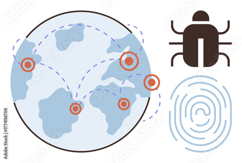 Bug beside globe with network paths and fingerprint highlighting cybersecurity threats. Ideal for technology, hacking, data protection, digital forensics, global security, internet safety, simple