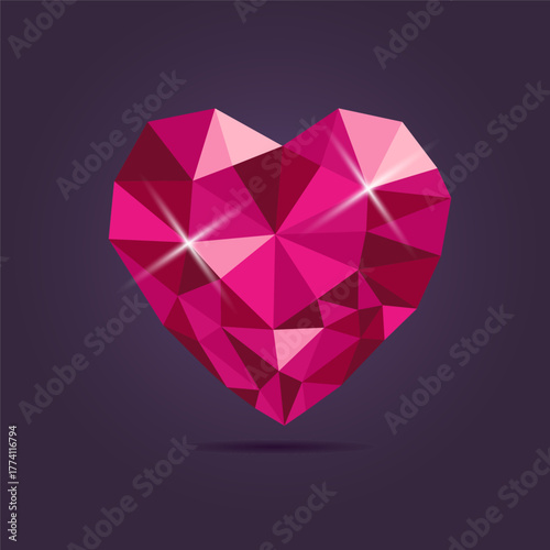 Pink heart shape shiny gemstone on purple background. Vector design.