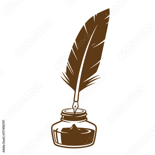 Brown feather quill pen dipped in inkwell for historical vintage art writing