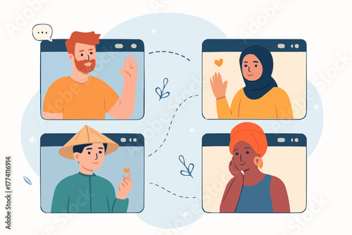 Flat vector of friends from different countries video calling each other, digital bonding