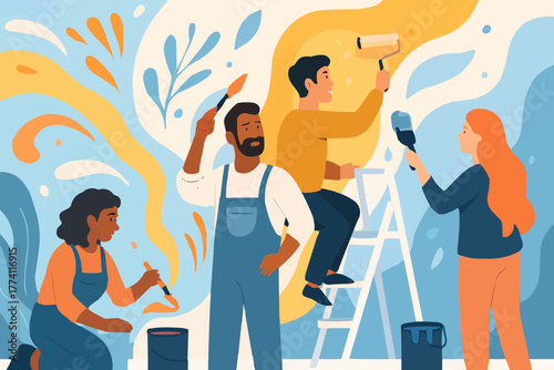 Vector of multicultural friends painting mural together, teamwork and creativity