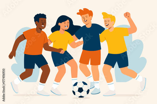 Flat vector of diverse friends playing team sport together, unity and joy