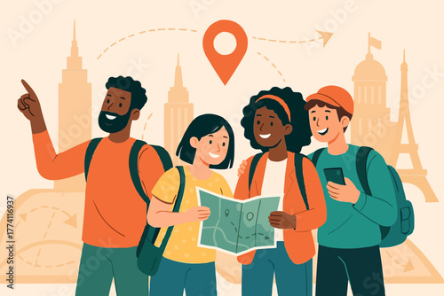 Vector of diverse friends exploring a new city together, maps and landmarks in background