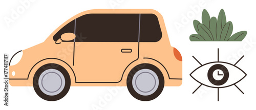 Orange car parked next to leafy greenery and eye clock symbolizing sustainability, efficiency, mindful travel. Ideal for transport, environment, time, vision, eco travel technology. Simple flat
