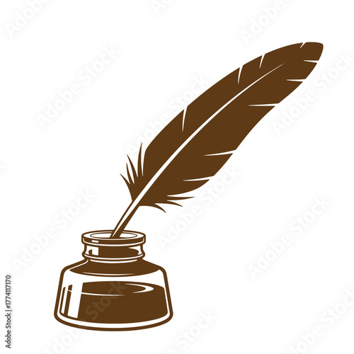 Classic vintage art illustration of a quill pen dipped into a brown ink well