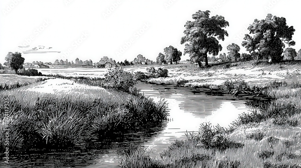 Fototapeta premium A tranquil rural scene with a winding river snaking through a lush meadow. Hand-drawn in vintage black ink, this illustration evokes a sense of peace and natural beauty.