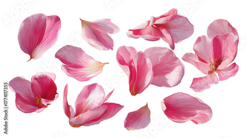 A vibrant collection of delicate pink flower petals scattered artistically on a transparent background, ideal for use in design projects, invitations, or floral arrangements