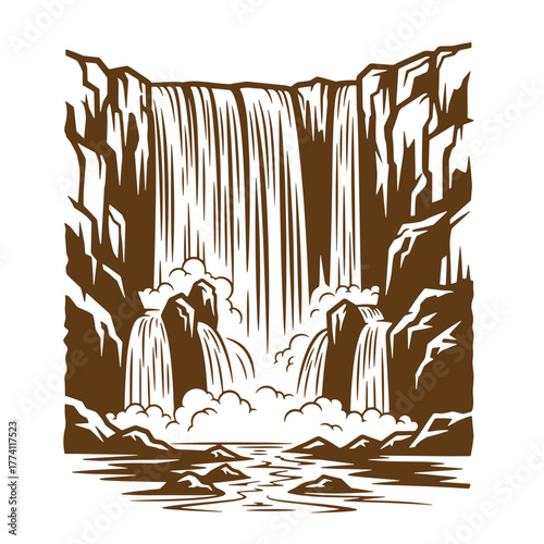 Illustration of a majestic waterfall cascading down rocky cliffs in vintage art style