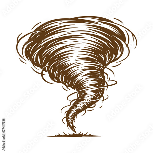 Illustration of a powerful brown tornado depicted in a vintage art style against white
