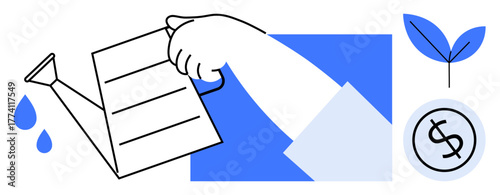 Hand pouring water from watering can onto sprouting plant near dollar coin. Ideal for finance, investment, growth, sustainability, profit, planning, nurturing concepts. Simple flat metaphor