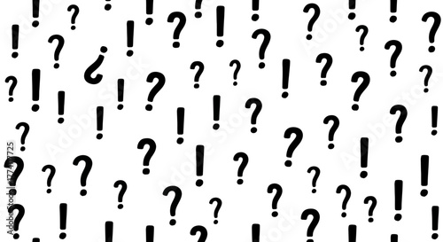 A seamless and engaging graphic pattern featuring a chaotic mix of black question marks and exclamation points on a clean white background, conveying uncertainty and urgency in communication