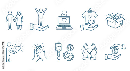 Collection of icons representing charity, donation, and kindness, conveying messages of support and giving