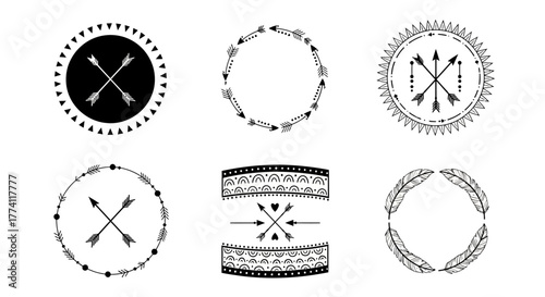 Collection of Circular Decorative Elements with Arrows and Feathers in a Tribal Boho Style