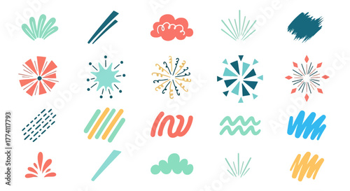 Collection of colorful hand-drawn graphic elements and abstract shapes for design and illustration