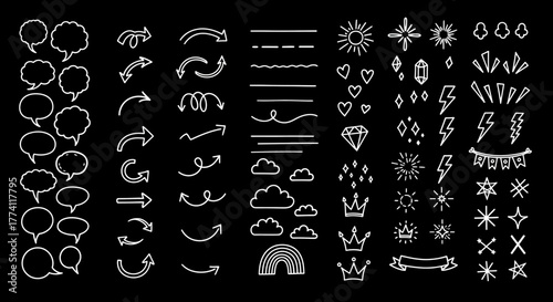 A comprehensive collection of hand-drawn doodle graphic elements. Vector set including arrows, speech bubbles, stars, and dividers for design projects