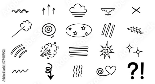A versatile set of hand-drawn doodle icons and symbols, featuring abstract lines, weather elements, and comic-style emphasis marks for creative graphic design