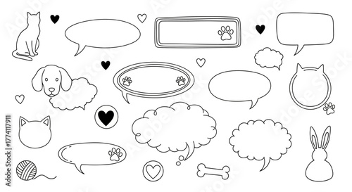Collection of Hand-Drawn Speech Bubbles and Cute Pet Icons, Perfect for Creative Projects