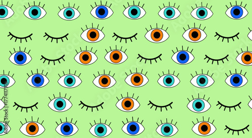 Vibrant and eclectic seamless pattern featuring an array of stylized open and closed eyes with varying iris colors on a bright green background, perfect for contemporary design projects