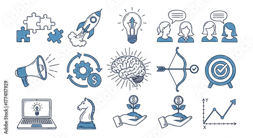 Business and Innovation Icon Set Rocket, Idea Bulb, Brain, Target, Growth, and Teamwork for Design