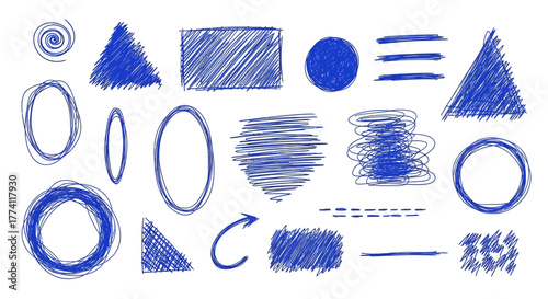Blue Scribble Elements Set for Design Hand Drawn Shapes, Lines, and Accents
