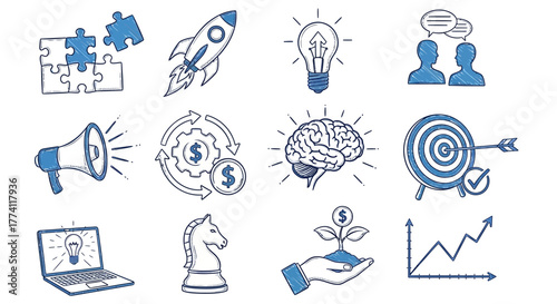 Collection of hand-drawn business strategy and marketing icons illustrating innovation, growth, communication, success, and investment concepts
