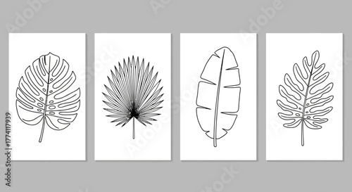A modern set of four tropical leaf line art illustrations. Minimalist botanical contour drawings of monstera, palm, and jungle foliage for elegant decor