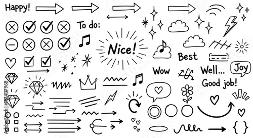 Collection of Hand-Drawn Elements Including Arrows, Checkmarks, Stars, Clouds, and Text for Graphic Design and Doodles