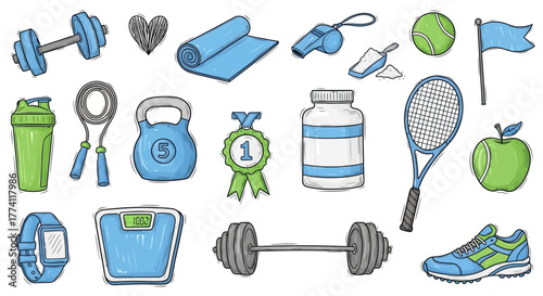 Colorful vector collection of hand-drawn fitness and sport icons. Doodle style illustrations of gym equipment, wellness symbols, and workout gear