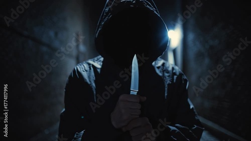 4k video of a criminal with a knife in an alley.
