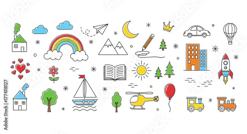 Vibrant vector line art collection featuring playful illustrations of diverse objects like homes, nature, vehicles, and educational symbols, ideal for children's content and modern 