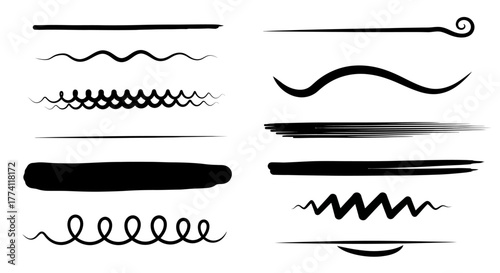 Hand-drawn doodle lines and brush stroke underlines. Vector set of ultra graphic dividers for text emphasis and creative design