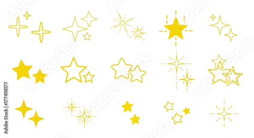 Collection of shining golden stars icons and symbols for design elements and decorations