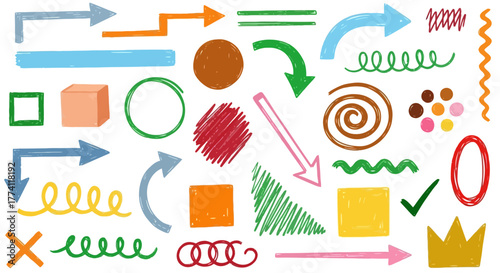 Collection of colorful hand-drawn arrows, shapes, and symbols on a white background, perfect for design projects