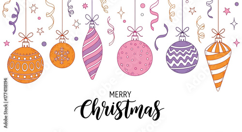 Festive Christmas Ornaments and Confetti Banner with Merry Christmas Greeting, Perfect for Holiday Season Decorations and Cards