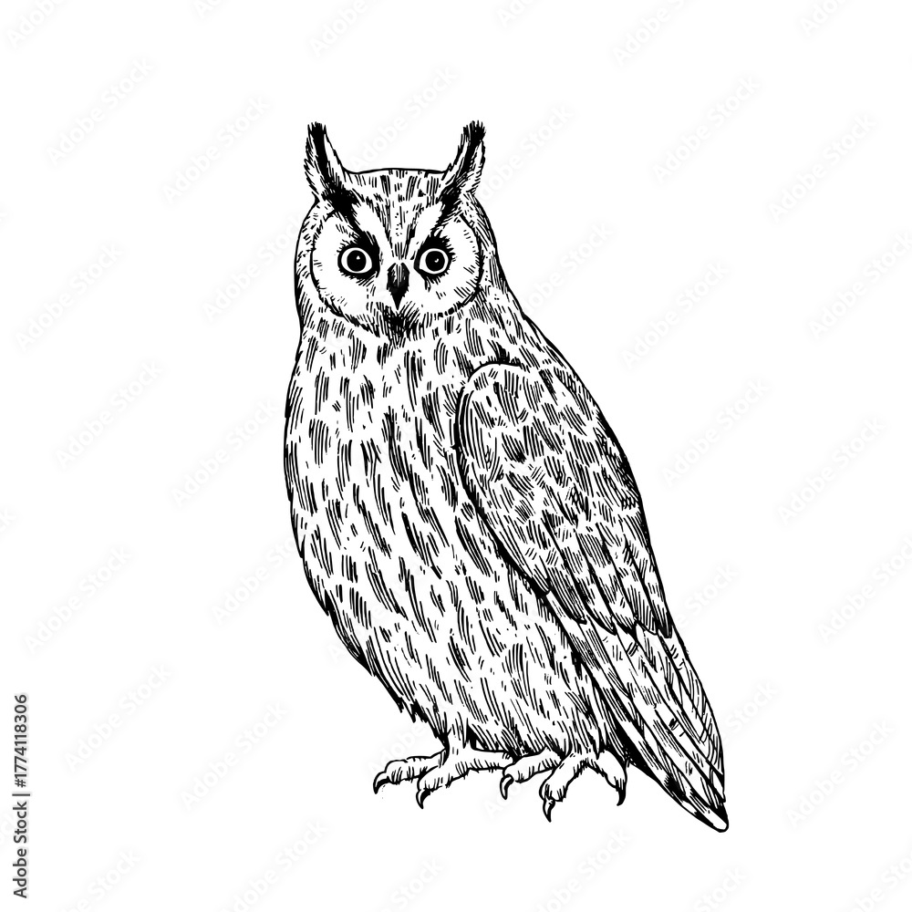 Fototapeta premium Owls ink drawing, snowy owl, barn owl, long-eared owl and Great Grey Owl. Hand-drawn illustration in retro engraving style.