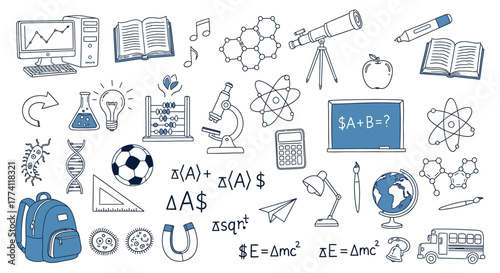 A diverse collection of hand-drawn doodle icons representing various school subjects, science concepts, and educational supplies for learning