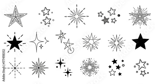 Hand-drawn collection of star shapes and sparkle symbols in a doodle style, a versatile ultra graphic set of celestial elements