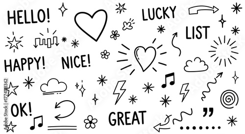 Hand-drawn doodles and scribbles including hearts, stars, arrows, and encouraging words for design