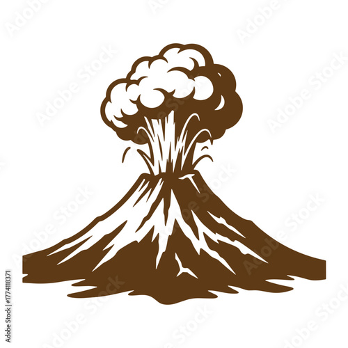 Vintage art illustration of an erupting volcano with smoke and volcanic activity brown outline
