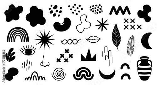 A diverse ultra graphic collection of hand-drawn abstract shapes and modern bohemian icons. Vector set of minimalist symbols, eyes, and celestial elements