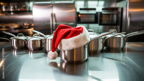 Stainless steel pot with Santa hat on kitchen countertop for holiday cooking, Christmas and New Year concept