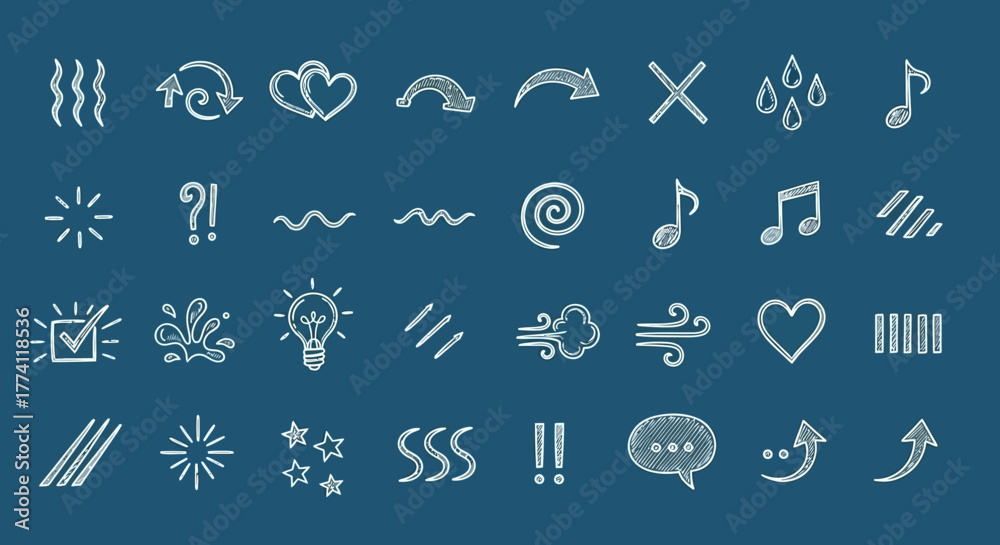 Fototapeta premium Ultra graphic collection of hand-drawn chalk doodle icons, featuring weather, love, and various abstract symbols for design