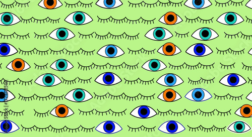 Whimsical repeating pattern of cartoon eyes with colorful irises and closed eyelids on a light green background, a playful and modern graphic illustration for various creative design concepts